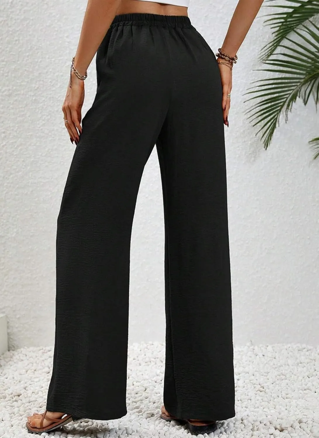 Women's Army Green Wide Leg Pants High Waist Drawstring Loose Fit Long Trousers with Pockets Casual Summer Beachwear