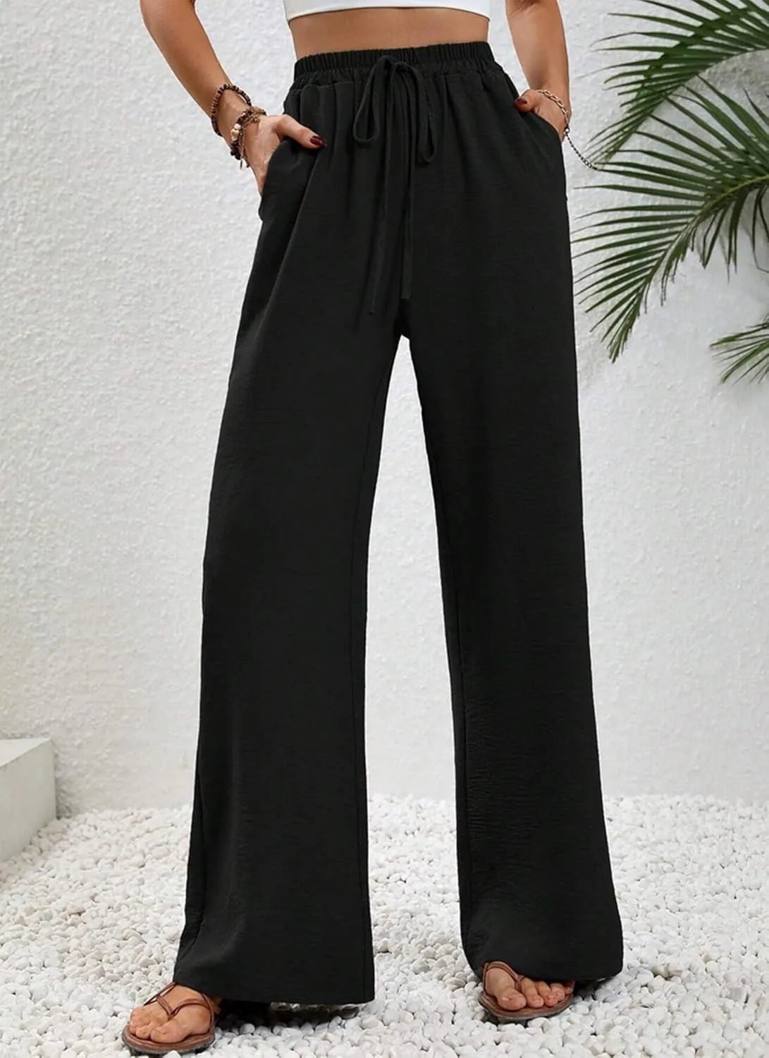 Women's Army Green Wide Leg Pants High Waist Drawstring Loose Fit Long Trousers with Pockets Casual Summer Beachwear