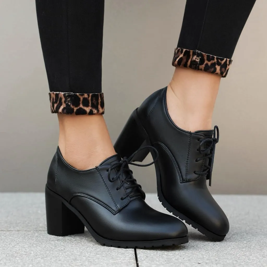 Women's Chunky High Heels Pumps Shoes Lace Up Round Toe Comfort Leather Classic Brogues Oxfords Shoe