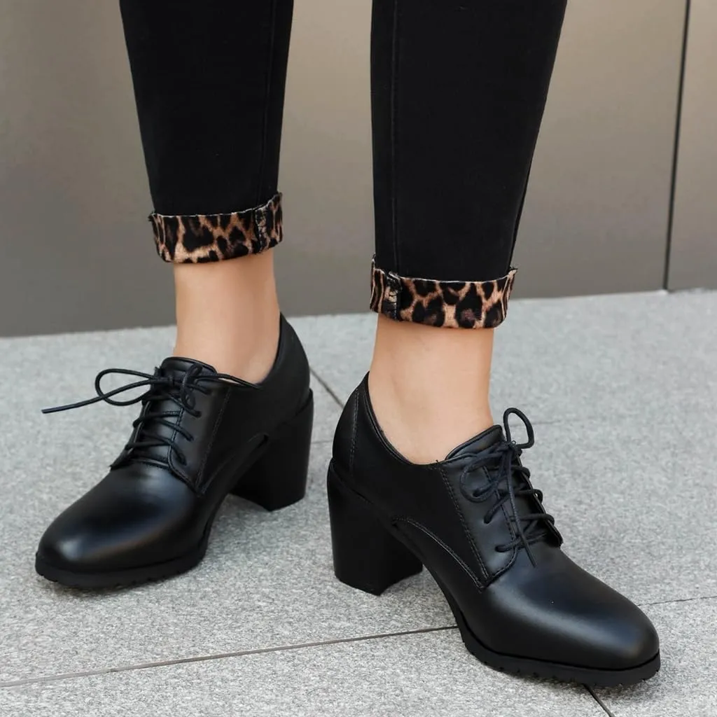 Women's Chunky High Heels Pumps Shoes Lace Up Round Toe Comfort Leather Classic Brogues Oxfords Shoe
