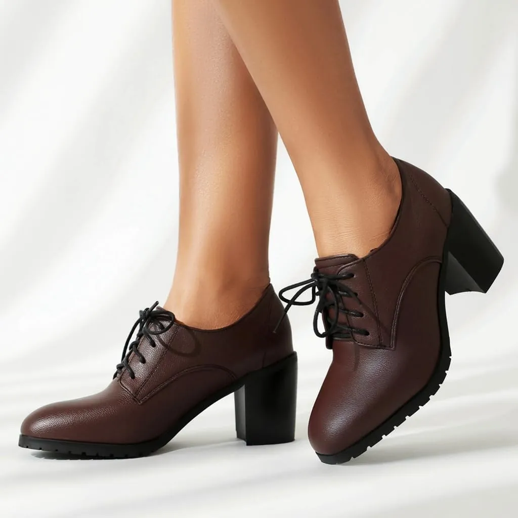 Women's Chunky High Heels Pumps Shoes Lace Up Round Toe Comfort Leather Classic Brogues Oxfords Shoe