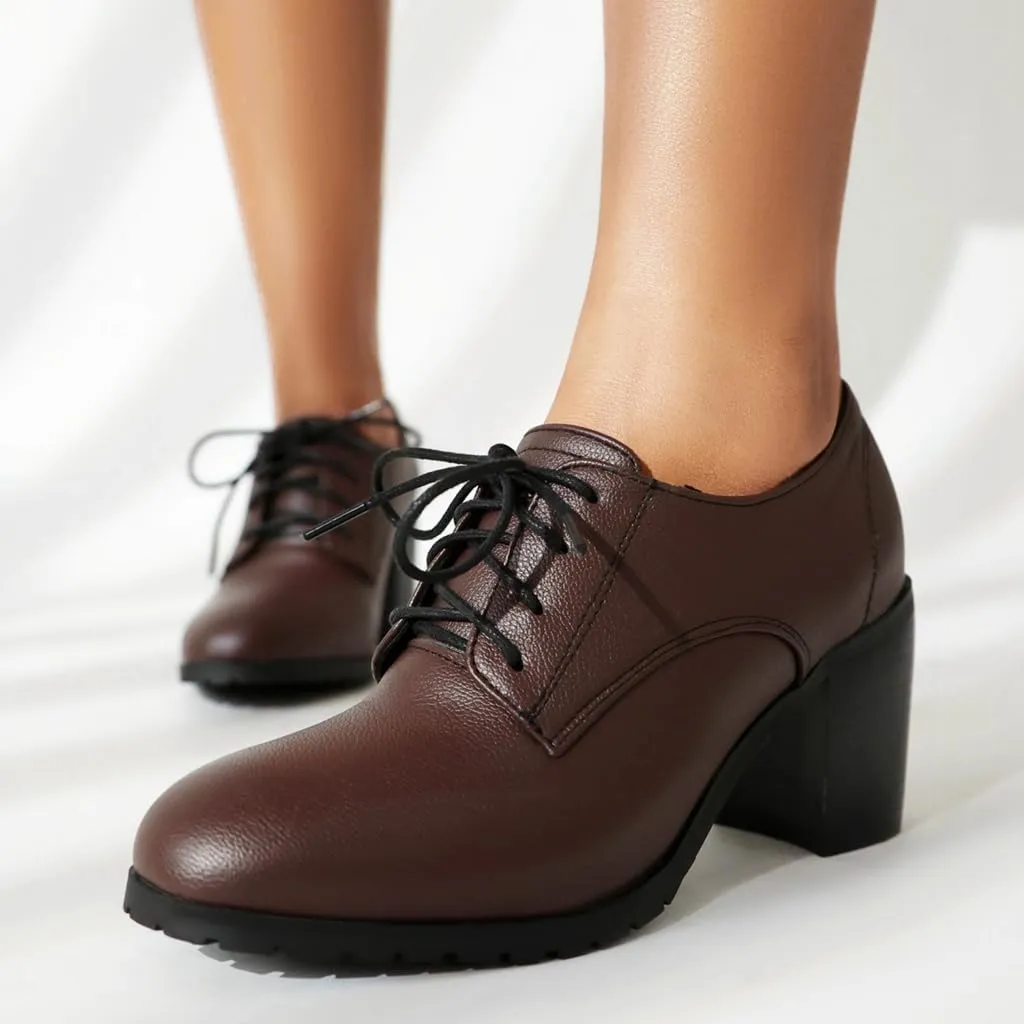Women's Chunky High Heels Pumps Shoes Lace Up Round Toe Comfort Leather Classic Brogues Oxfords Shoe