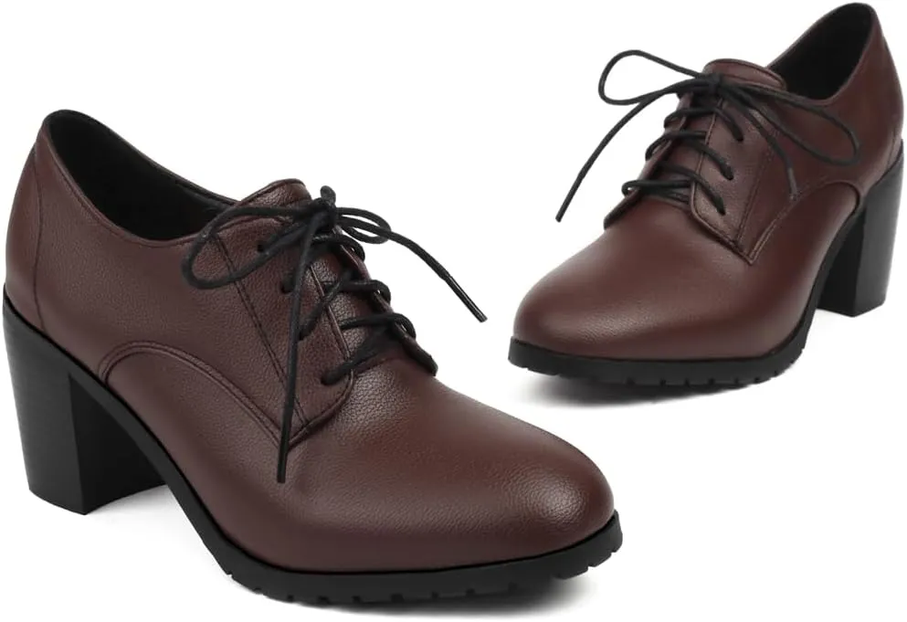 Women's Chunky High Heels Pumps Shoes Lace Up Round Toe Comfort Leather Classic Brogues Oxfords Shoe
