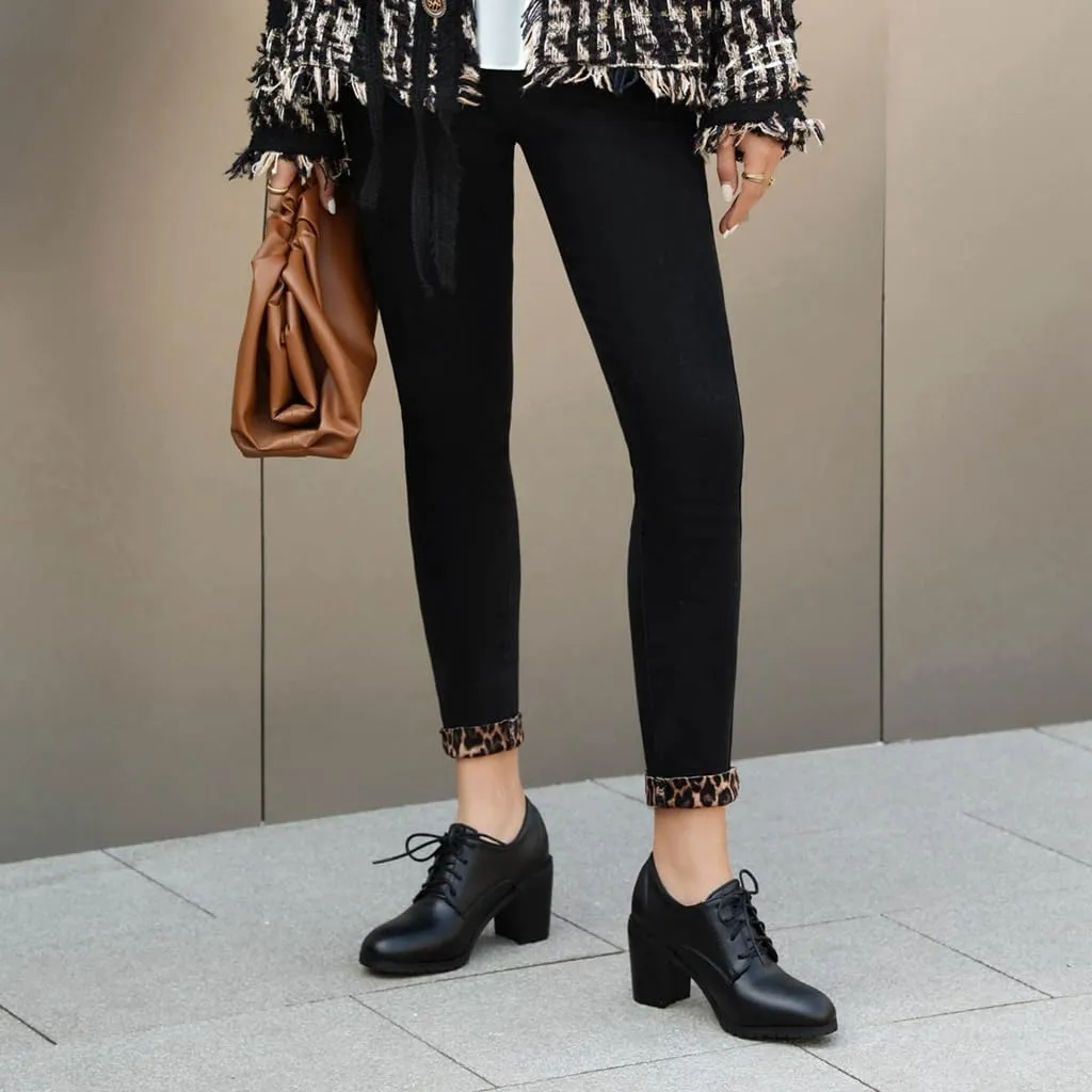 Women's Chunky High Heels Pumps Shoes Lace Up Round Toe Comfort Leather Classic Brogues Oxfords Shoe