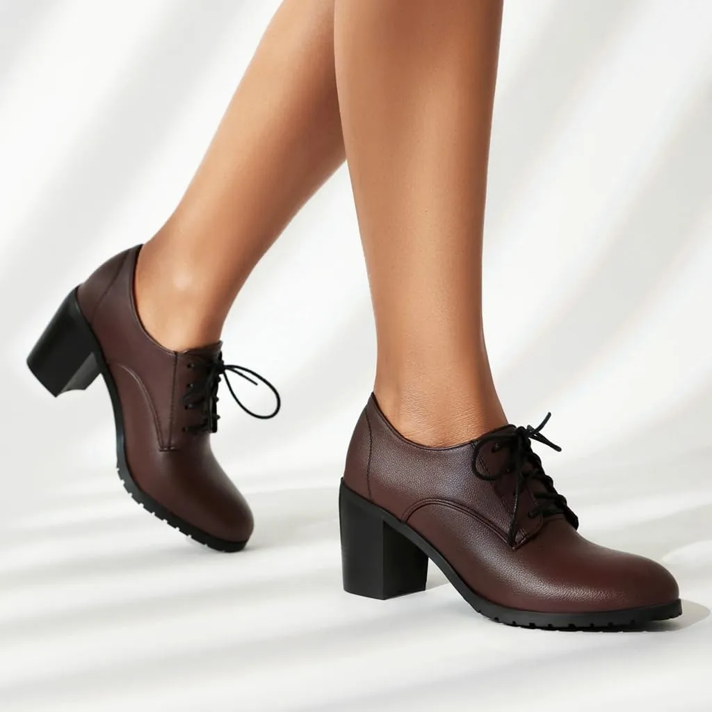 Women's Chunky High Heels Pumps Shoes Lace Up Round Toe Comfort Leather Classic Brogues Oxfords Shoe