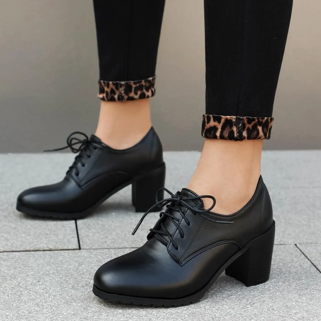 Women's Chunky High Heels Pumps Shoes Lace Up Round Toe Comfort Leather Classic Brogues Oxfords Shoe