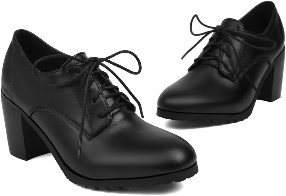 Women's Chunky High Heels Pumps Shoes Lace Up Round Toe Comfort Leather Classic Brogues Oxfords Shoe