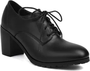 Women's Chunky High Heels Pumps Shoes Lace Up Round Toe Comfort Leather Classic Brogues Oxfords Shoe
