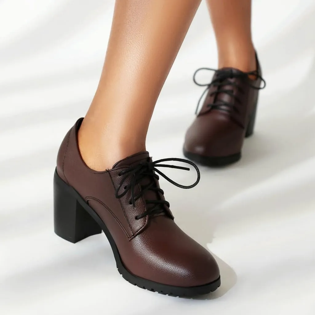 Women's Chunky High Heels Pumps Shoes Lace Up Round Toe Comfort Leather Classic Brogues Oxfords Shoe