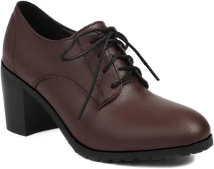 Women's Chunky High Heels Pumps Shoes Lace Up Round Toe Comfort Leather Classic Brogues Oxfords Shoe