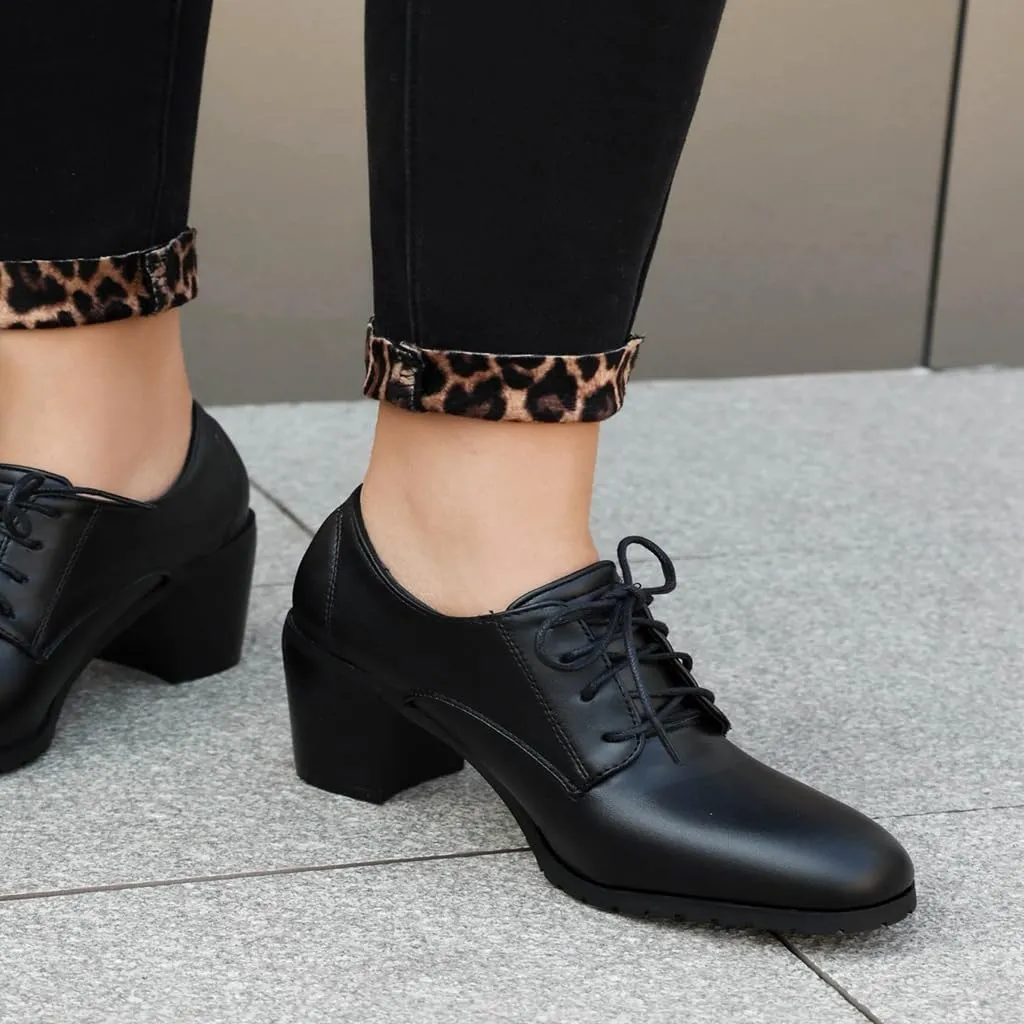 Women's Chunky High Heels Pumps Shoes Lace Up Round Toe Comfort Leather Classic Brogues Oxfords Shoe