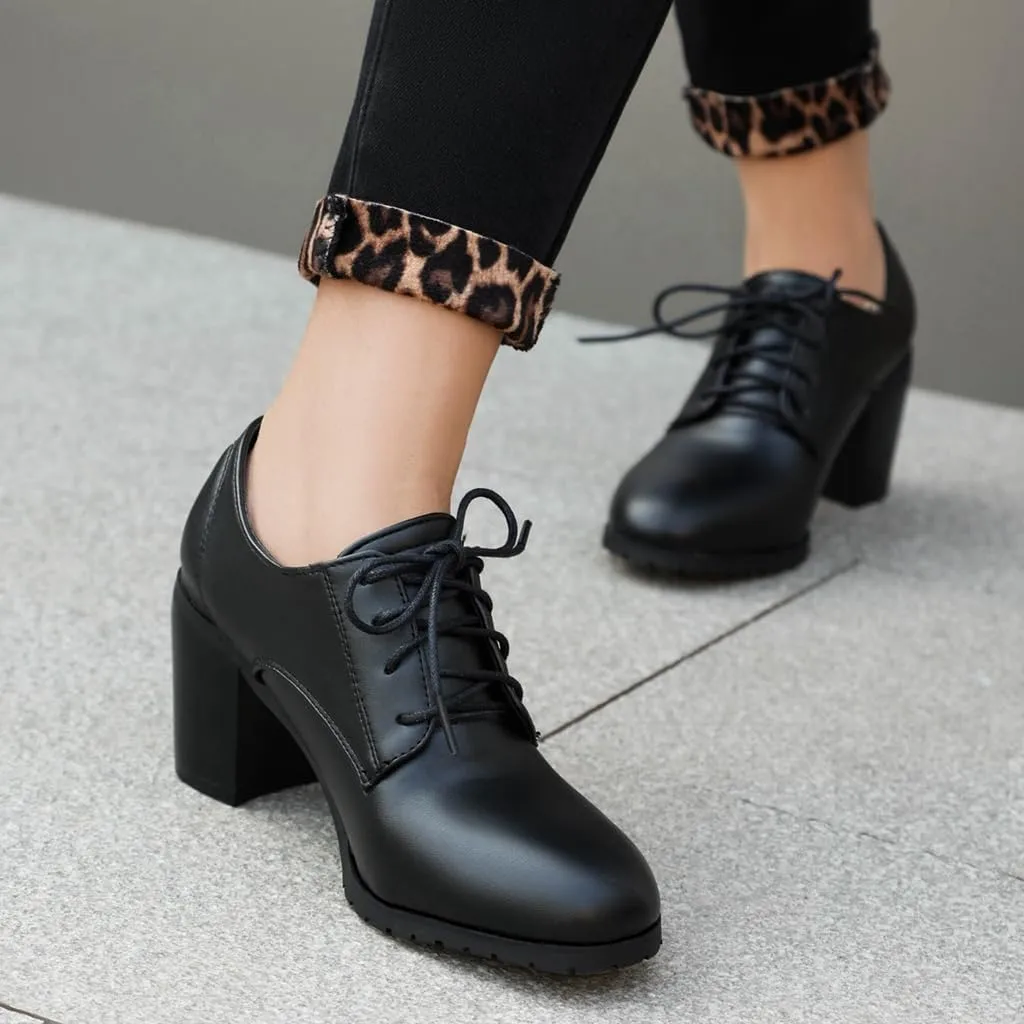 Women's Chunky High Heels Pumps Shoes Lace Up Round Toe Comfort Leather Classic Brogues Oxfords Shoe