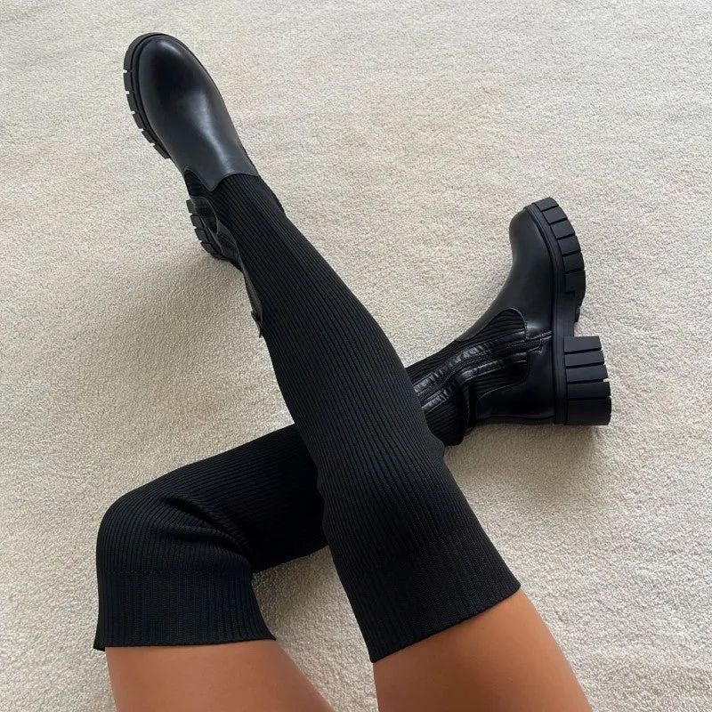 Womens Thigh High Stretch Knit Boots