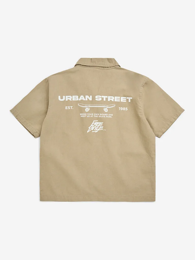 Y&F Kids Taupe Text Design Cotton Shirt
