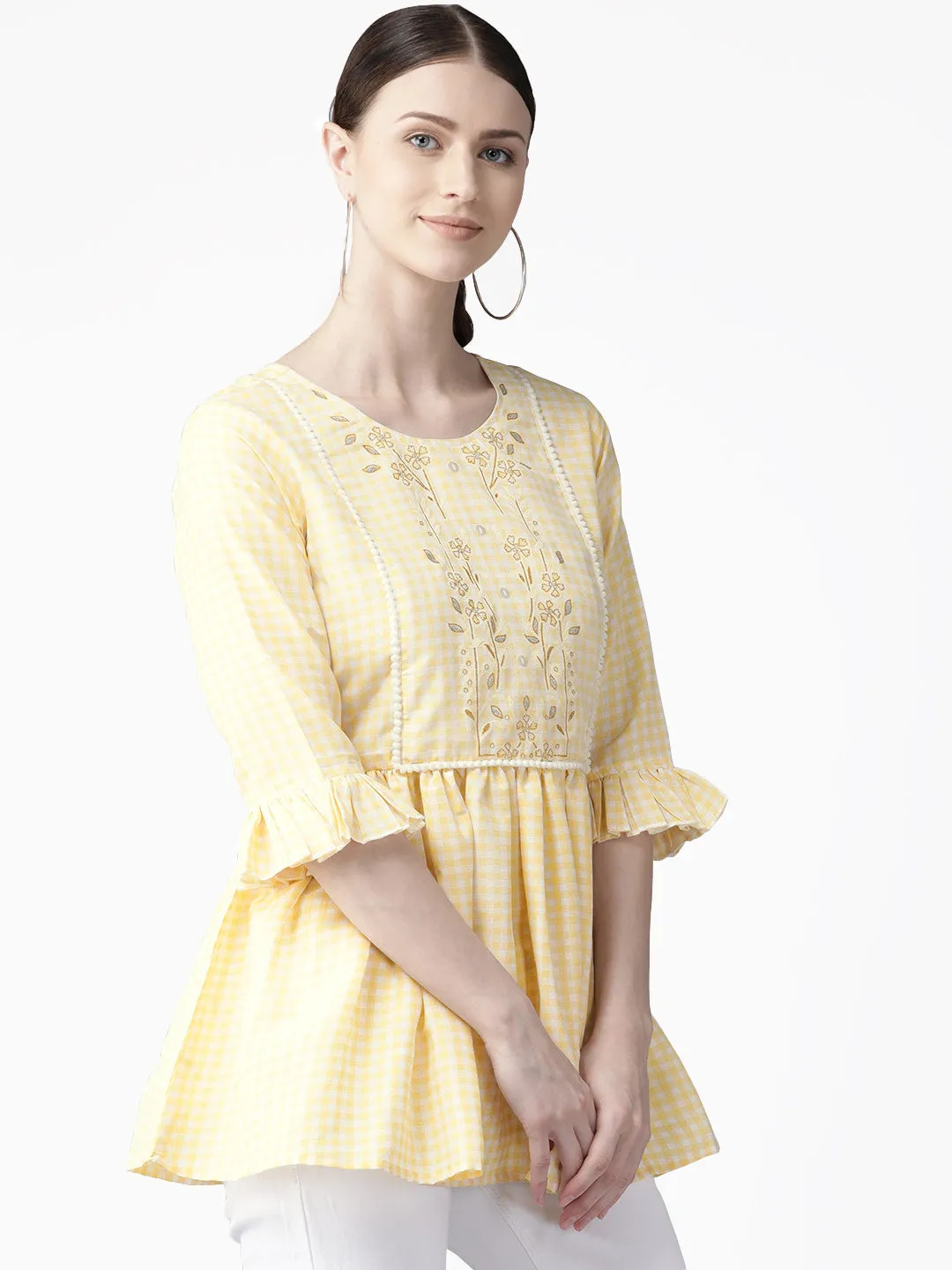 Yellow & White Checked A-Line Top