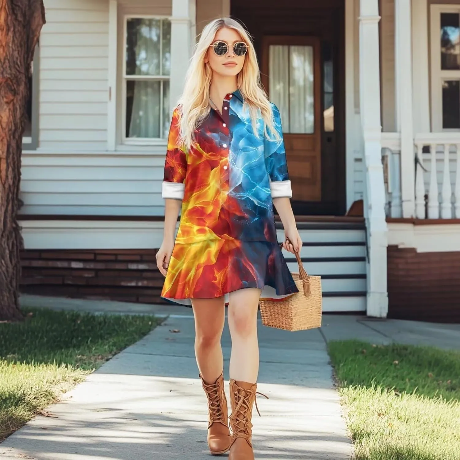 Youngerbaby Shirt Dresses for Woman Long Sleeve Mini Dresses Ruffle Hem Dresses with Pockets S-2XL